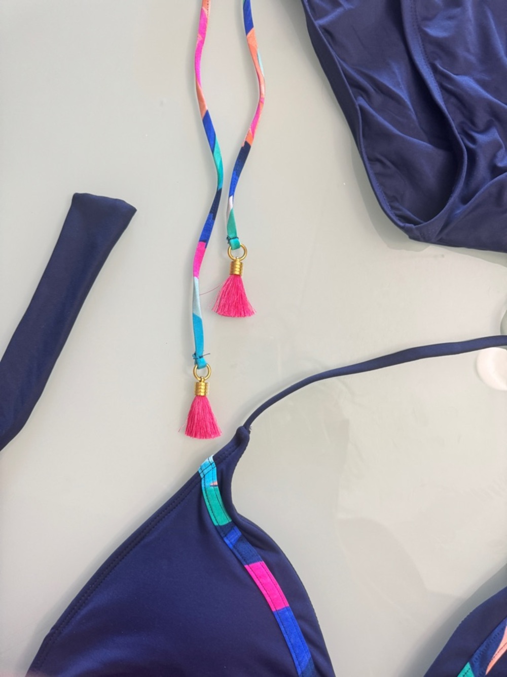 La Blanca Navy Bikini with Multicolor Trim and Tassel Ties - Picture 5 of 11